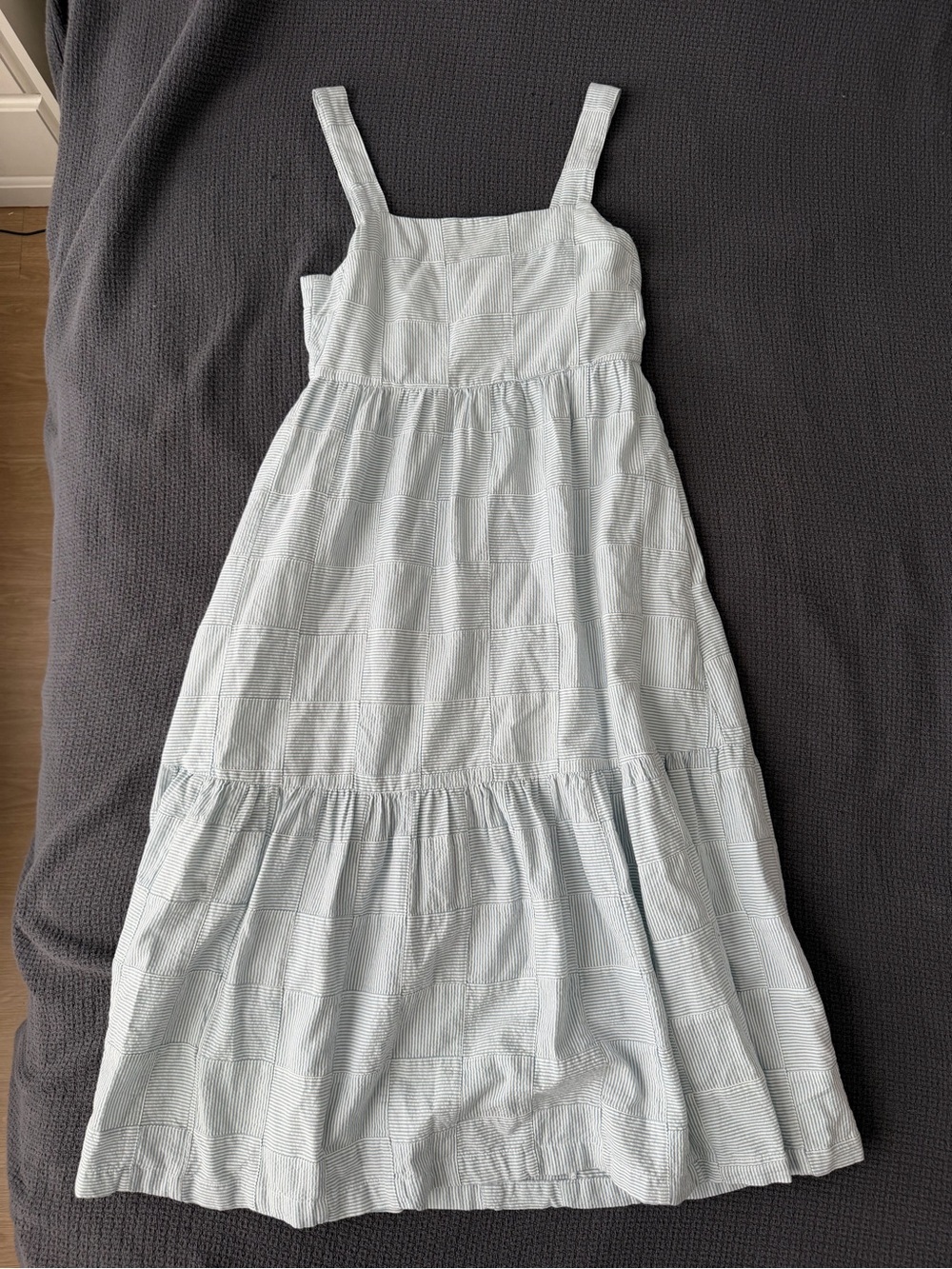 Madewell $148 Cicely Tiered Patchwork Midi Dress 6 Seersucker Blue White Cottage
